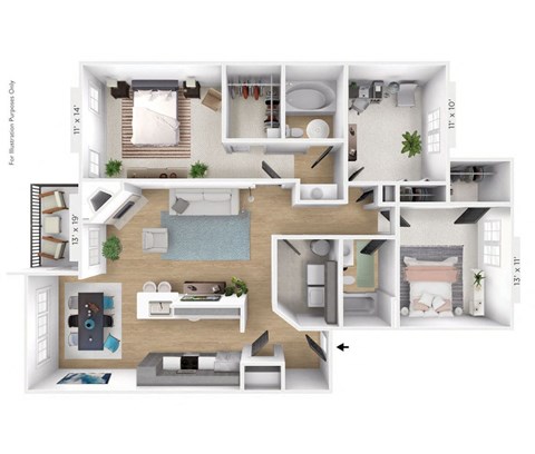 3 bedroom 2 bathroom Floor plan B at Latitudes Apartments, Indiana, 46237